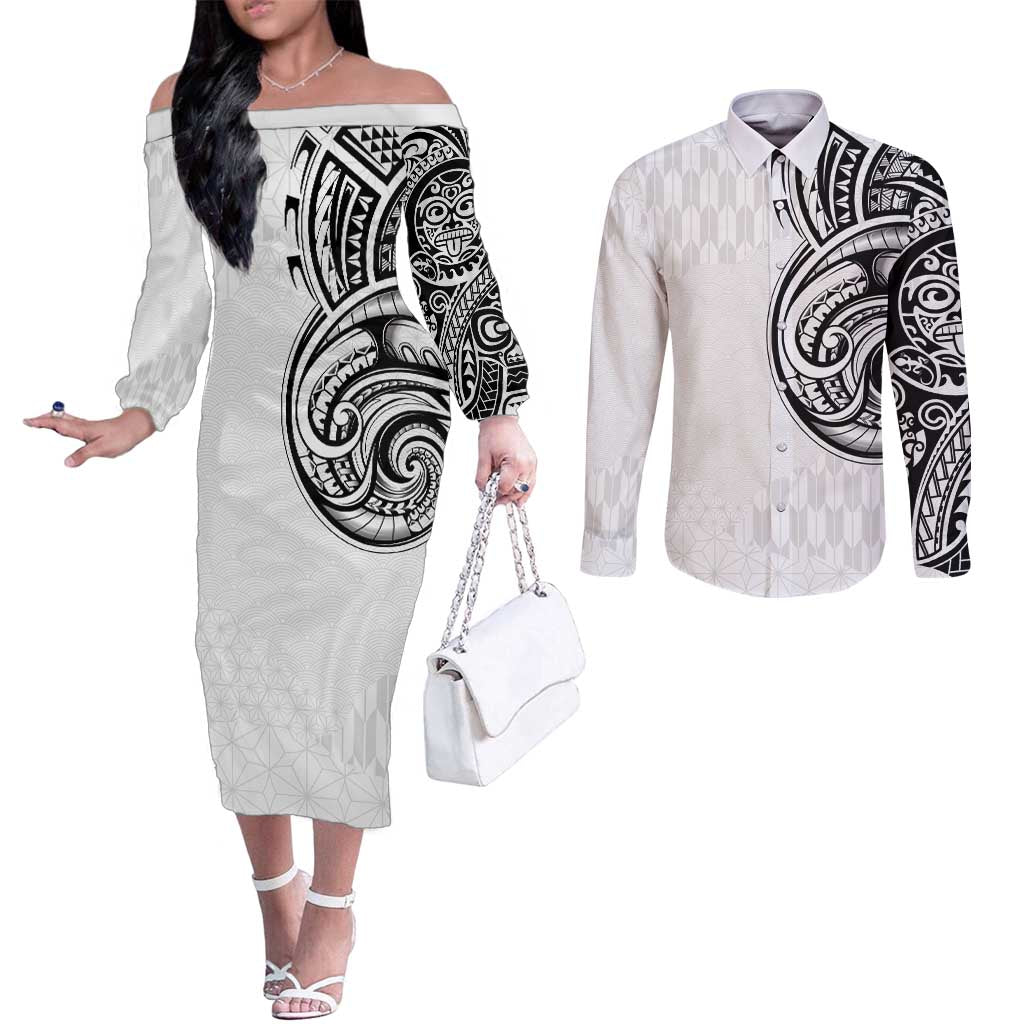 Hawaii and Japanese Culture Personalised Couples Matching Off The Shoulder Long Sleeve Dress and Long Sleeve Button Shirt With Polynesian Tribal Tattoo Style