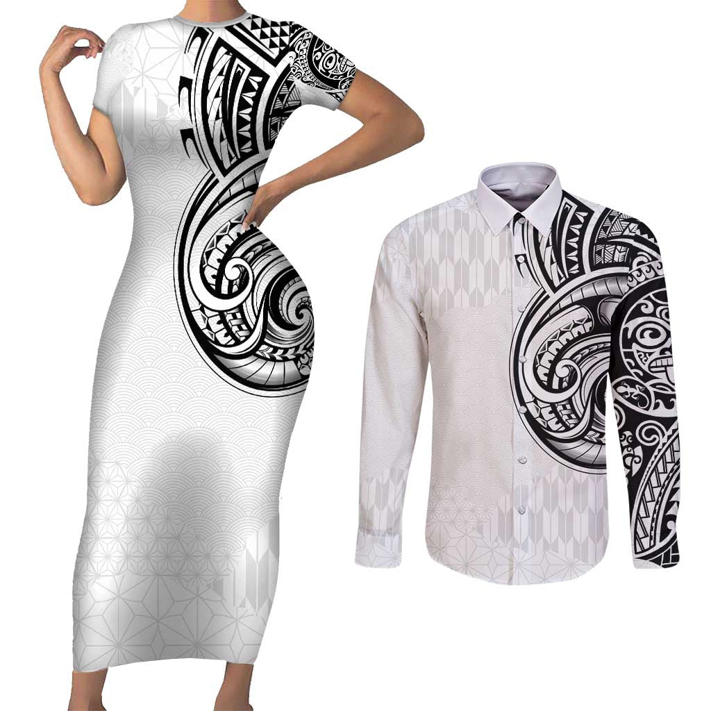 Hawaii and Japanese Culture Personalised Couples Matching Short Sleeve Bodycon Dress and Long Sleeve Button Shirt With Polynesian Tribal Tattoo Style