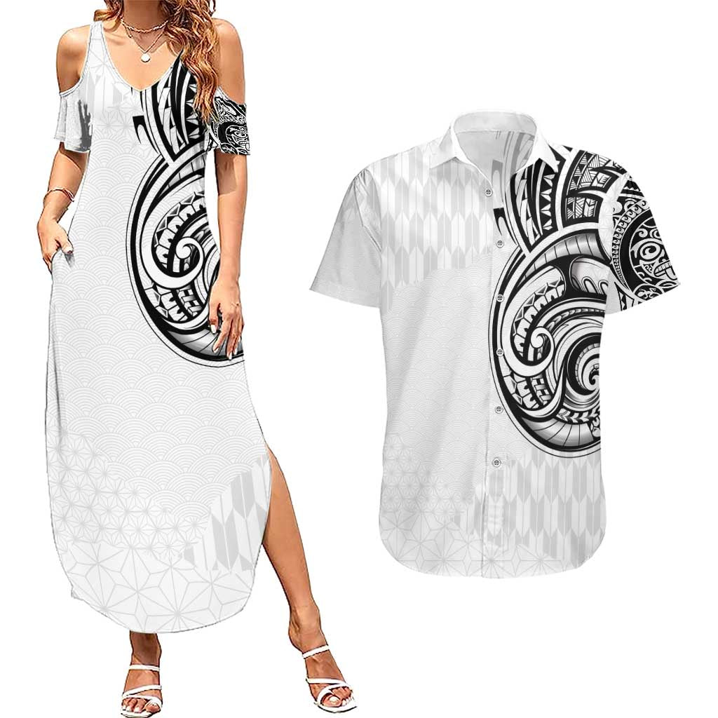 Hawaii and Japanese Culture Personalised Couples Matching Summer Maxi Dress and Hawaiian Shirt With Polynesian Tribal Tattoo Style