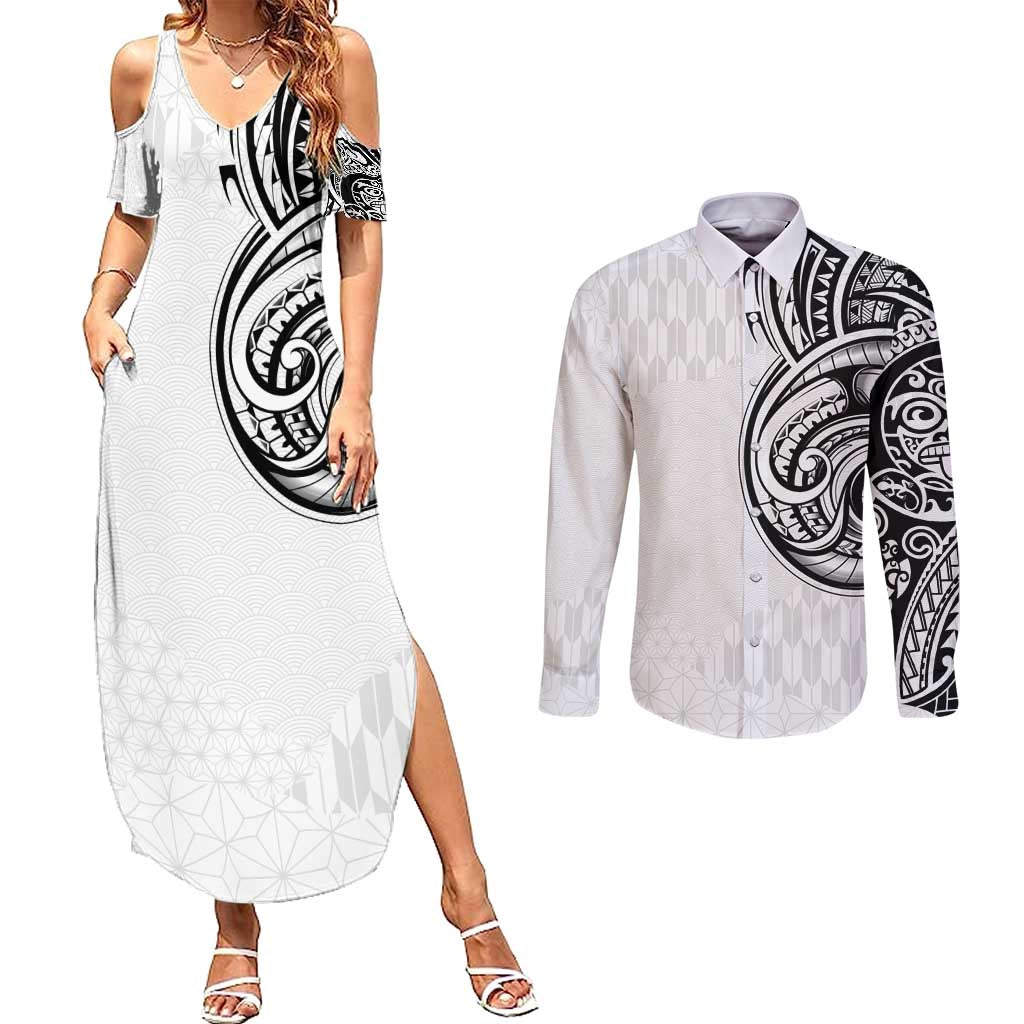 Hawaii and Japanese Culture Personalised Couples Matching Summer Maxi Dress and Long Sleeve Button Shirt With Polynesian Tribal Tattoo Style