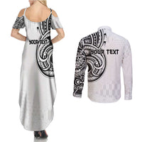 Hawaii and Japanese Culture Personalised Couples Matching Summer Maxi Dress and Long Sleeve Button Shirt With Polynesian Tribal Tattoo Style