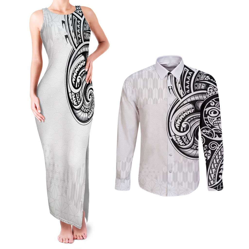 Hawaii and Japanese Culture Personalised Couples Matching Tank Maxi Dress and Long Sleeve Button Shirt With Polynesian Tribal Tattoo Style