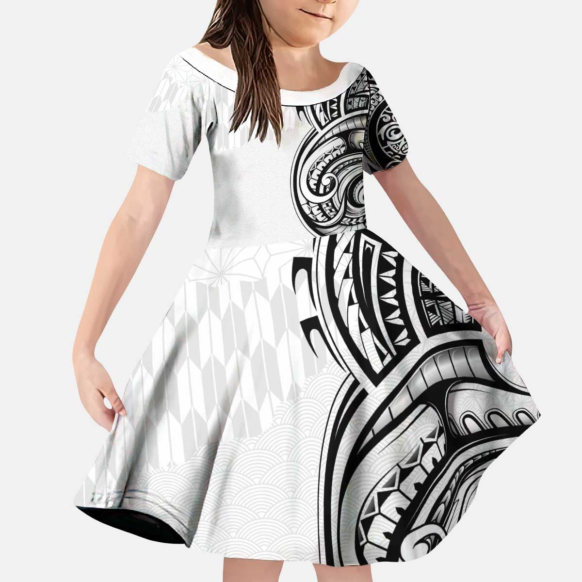 Hawaii and Japanese Culture Personalised Kid Short Sleeve Dress With Polynesian Tribal Tattoo Style