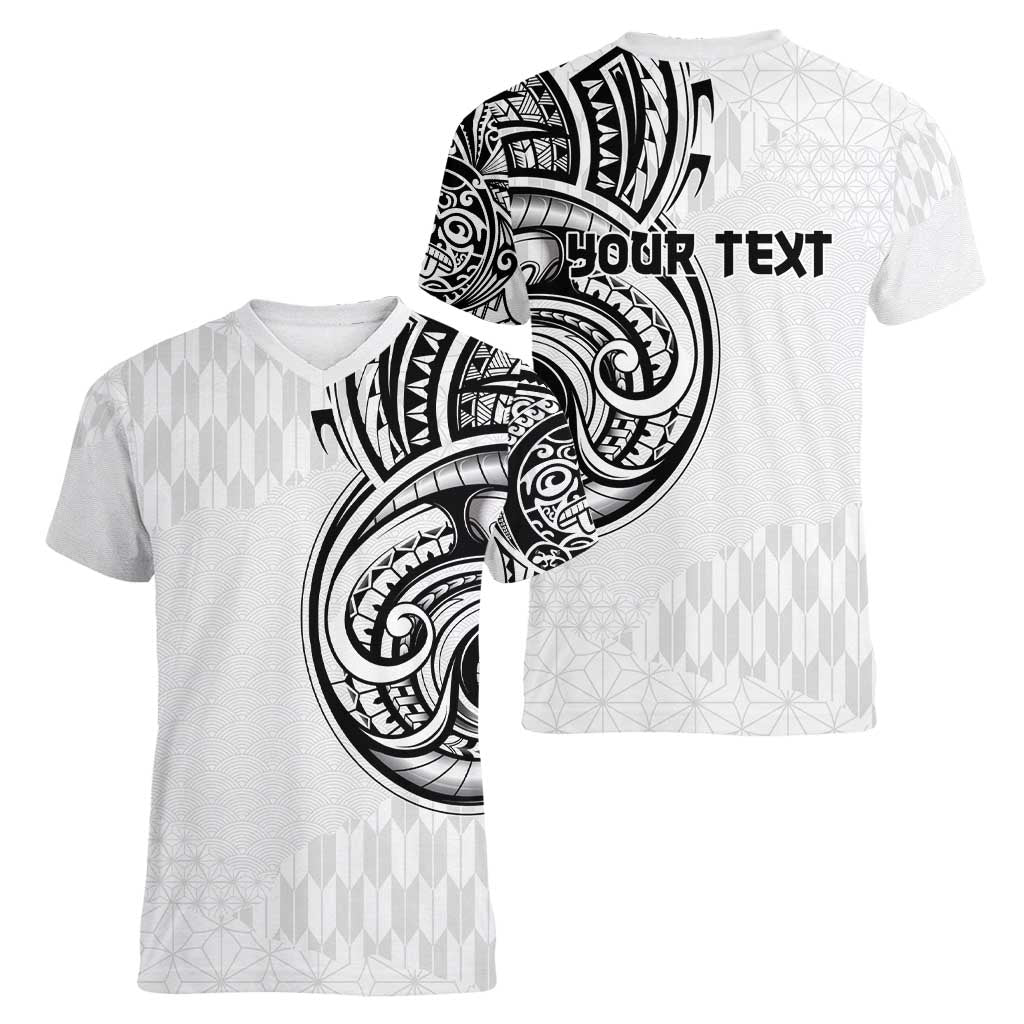 Hawaii and Japanese Culture Personalised Women V-Neck T-Shirt With Polynesian Tribal Tattoo Style