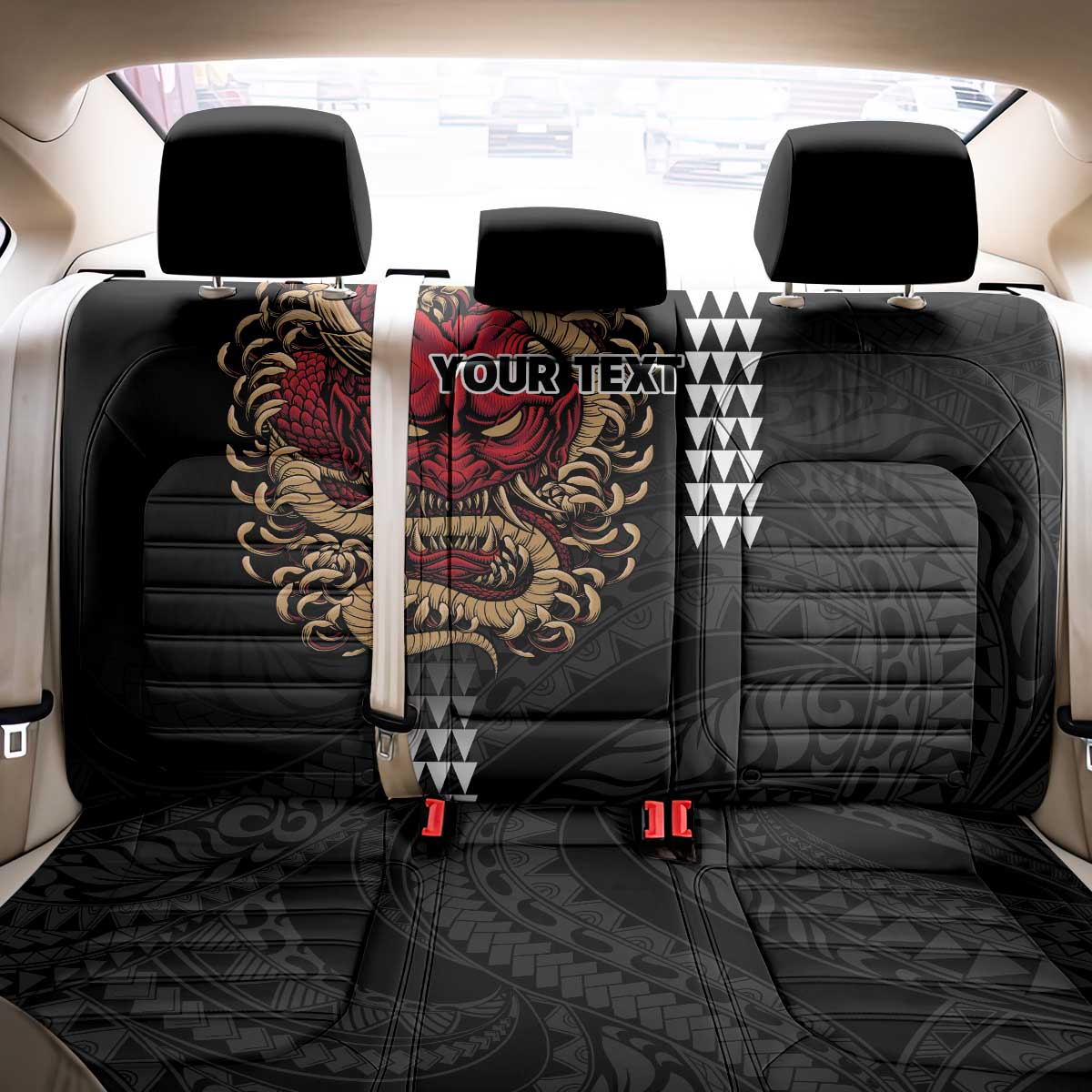Hawaii and Japanese Oni Mask Personalised Back Car Seat Cover Kakau Pattern Dark Art Style