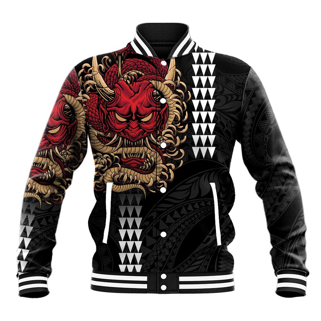 Hawaii and Japanese Oni Mask Personalised Baseball Jacket Kakau Pattern Dark Art Style LT9 Unisex Black - Polynesian Pride