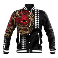 Hawaii and Japanese Oni Mask Personalised Baseball Jacket Kakau Pattern Dark Art Style LT9 Unisex Black - Polynesian Pride