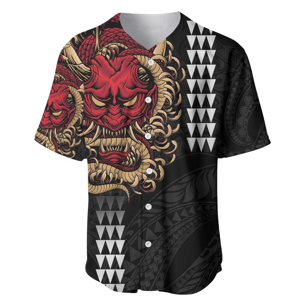 Hawaii and Japanese Oni Mask Personalised Baseball Jersey Kakau Pattern Dark Art Style