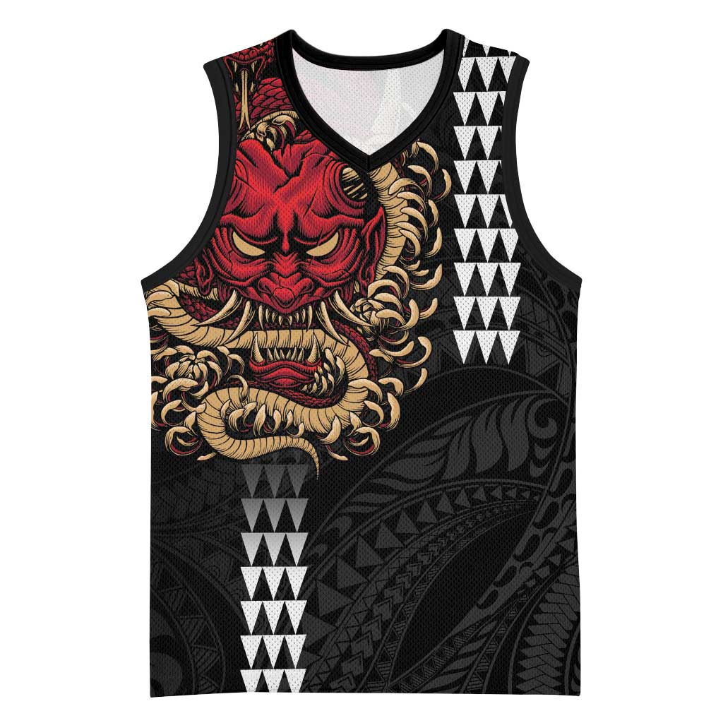 Hawaii and Japanese Oni Mask Personalised Basketball Jersey Kakau Pattern Dark Art Style LT9 Unisex Black - Polynesian Pride