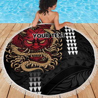 Hawaii and Japanese Oni Mask Personalised Beach Blanket Kakau Pattern Dark Art Style