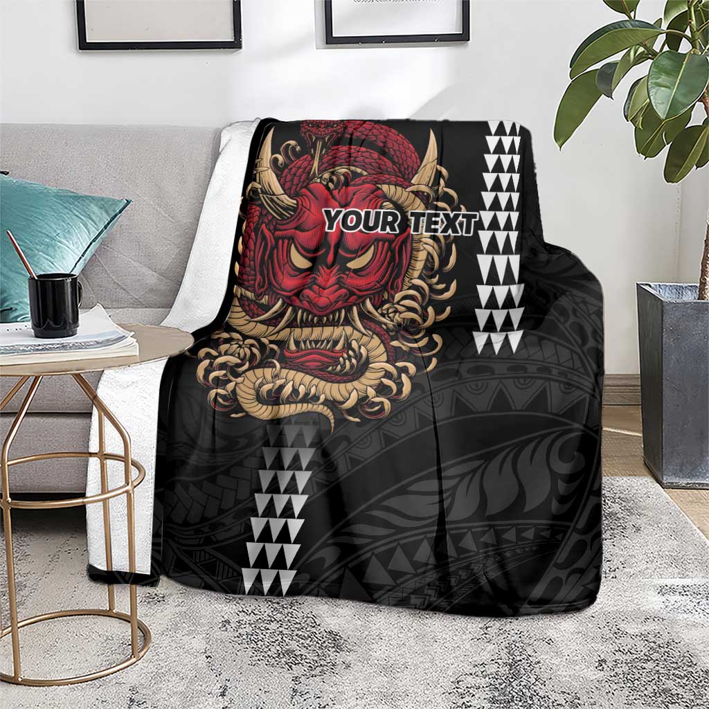 Hawaii and Japanese Oni Mask Personalised Blanket Kakau Pattern Dark Art Style