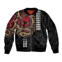 Hawaii and Japanese Oni Mask Personalised Bomber Jacket Kakau Pattern Dark Art Style LT9 Unisex Black - Polynesian Pride