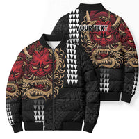 Hawaii and Japanese Oni Mask Personalised Bomber Puffer Jacket Kakau Pattern Dark Art Style - Polynesian Pride