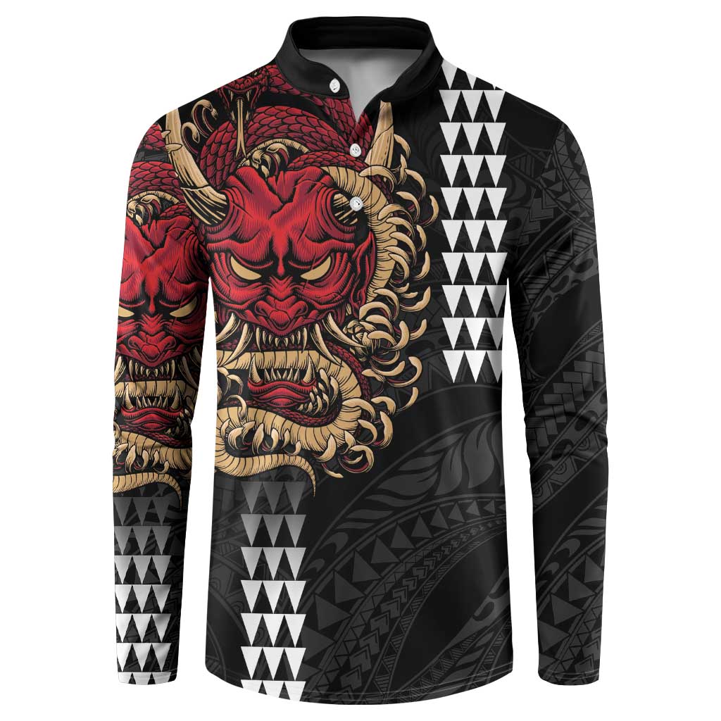 Hawaii and Japanese Oni Mask Personalised Button Sweatshirt Kakau Pattern Dark Art Style