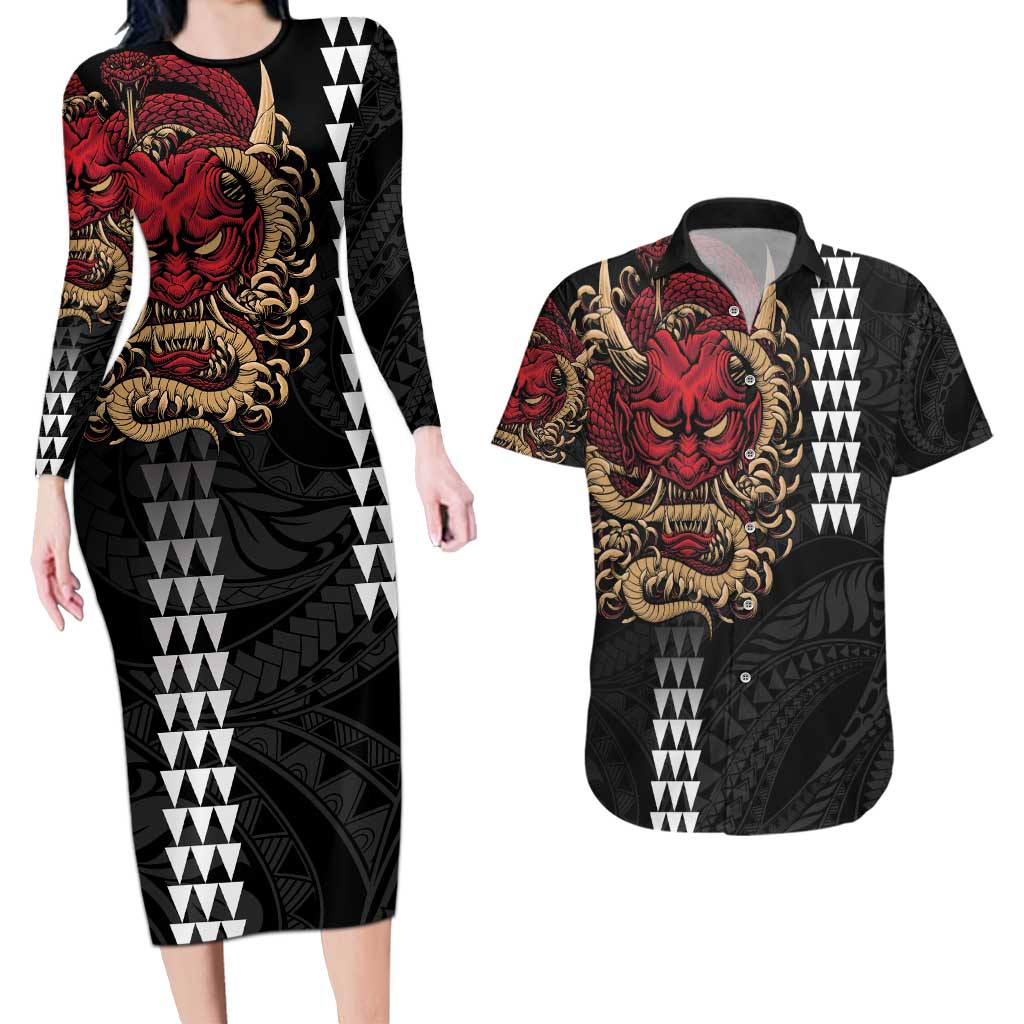 Hawaii and Japanese Oni Mask Personalised Couples Matching Long Sleeve Bodycon Dress and Hawaiian Shirt Kakau Pattern Dark Art Style
