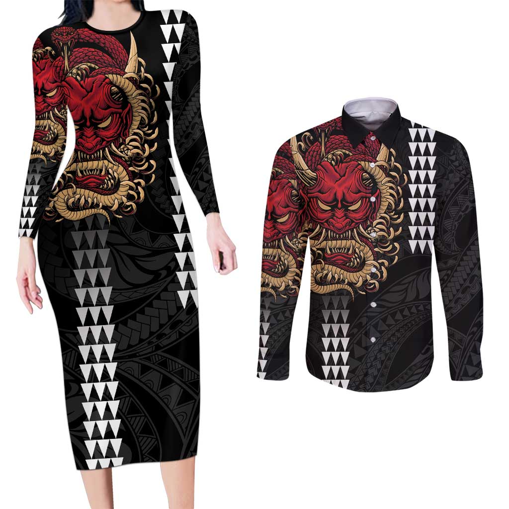 Hawaii and Japanese Oni Mask Personalised Couples Matching Long Sleeve Bodycon Dress and Long Sleeve Button Shirt Kakau Pattern Dark Art Style