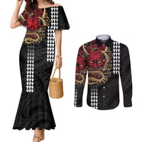 Hawaii and Japanese Oni Mask Personalised Couples Matching Mermaid Dress and Long Sleeve Button Shirt Kakau Pattern Dark Art Style