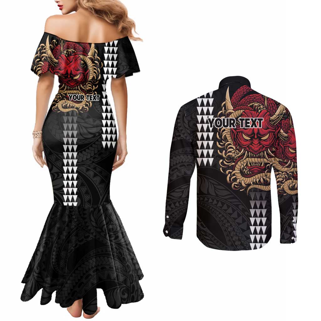 Hawaii and Japanese Oni Mask Personalised Couples Matching Mermaid Dress and Long Sleeve Button Shirt Kakau Pattern Dark Art Style