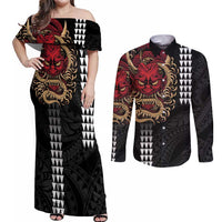 Hawaii and Japanese Oni Mask Personalised Couples Matching Off Shoulder Maxi Dress and Long Sleeve Button Shirt Kakau Pattern Dark Art Style