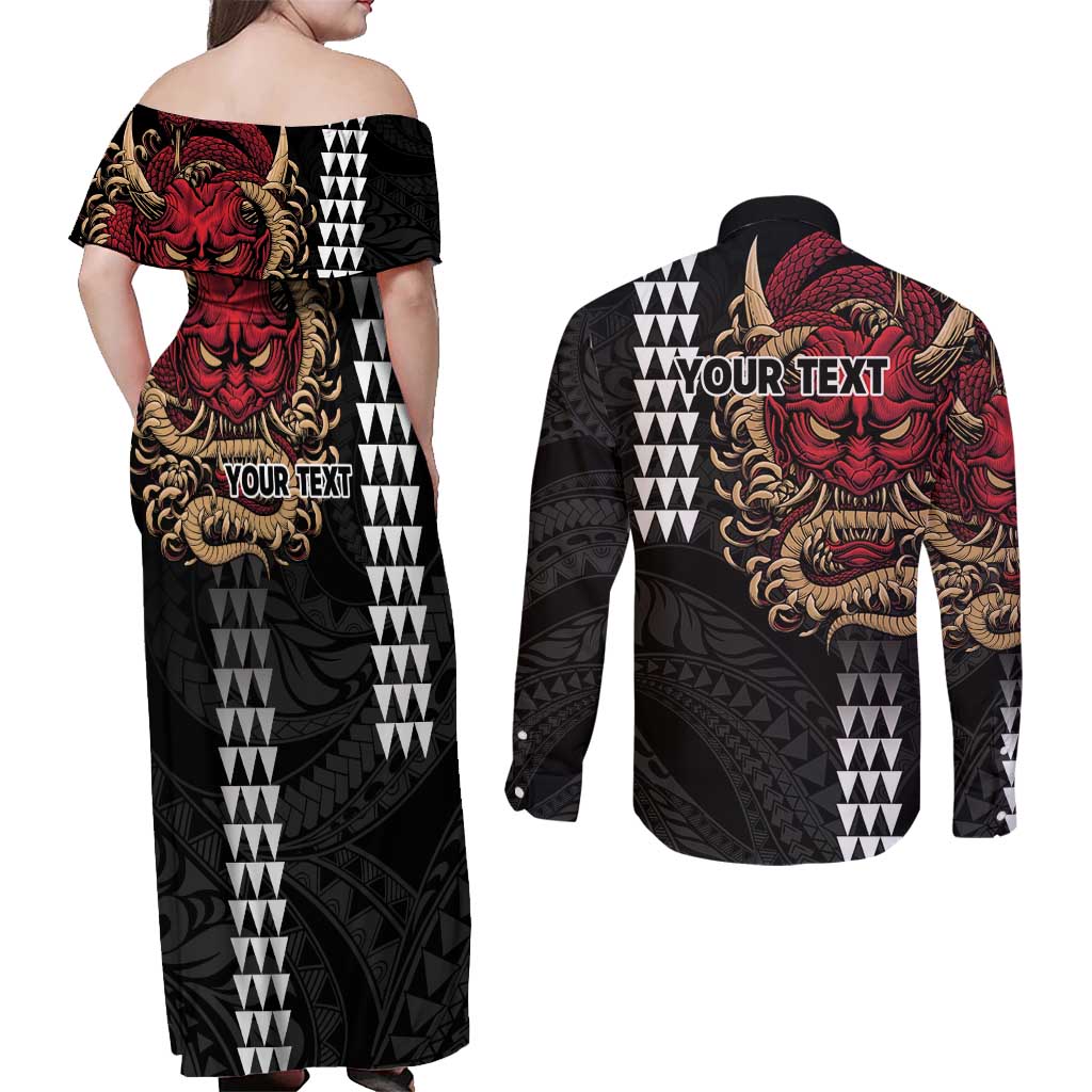 Hawaii and Japanese Oni Mask Personalised Couples Matching Off Shoulder Maxi Dress and Long Sleeve Button Shirt Kakau Pattern Dark Art Style