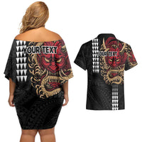 Hawaii and Japanese Oni Mask Personalised Couples Matching Off Shoulder Short Dress and Hawaiian Shirt Kakau Pattern Dark Art Style