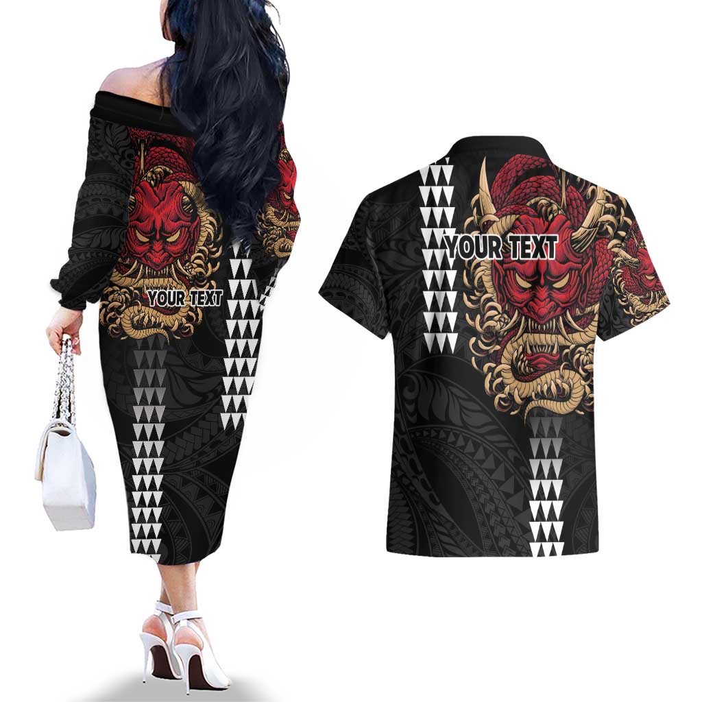 Hawaii and Japanese Oni Mask Personalised Couples Matching Off The Shoulder Long Sleeve Dress and Hawaiian Shirt Kakau Pattern Dark Art Style