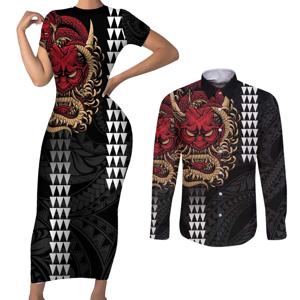 Hawaii and Japanese Oni Mask Personalised Couples Matching Short Sleeve Bodycon Dress and Long Sleeve Button Shirt Kakau Pattern Dark Art Style