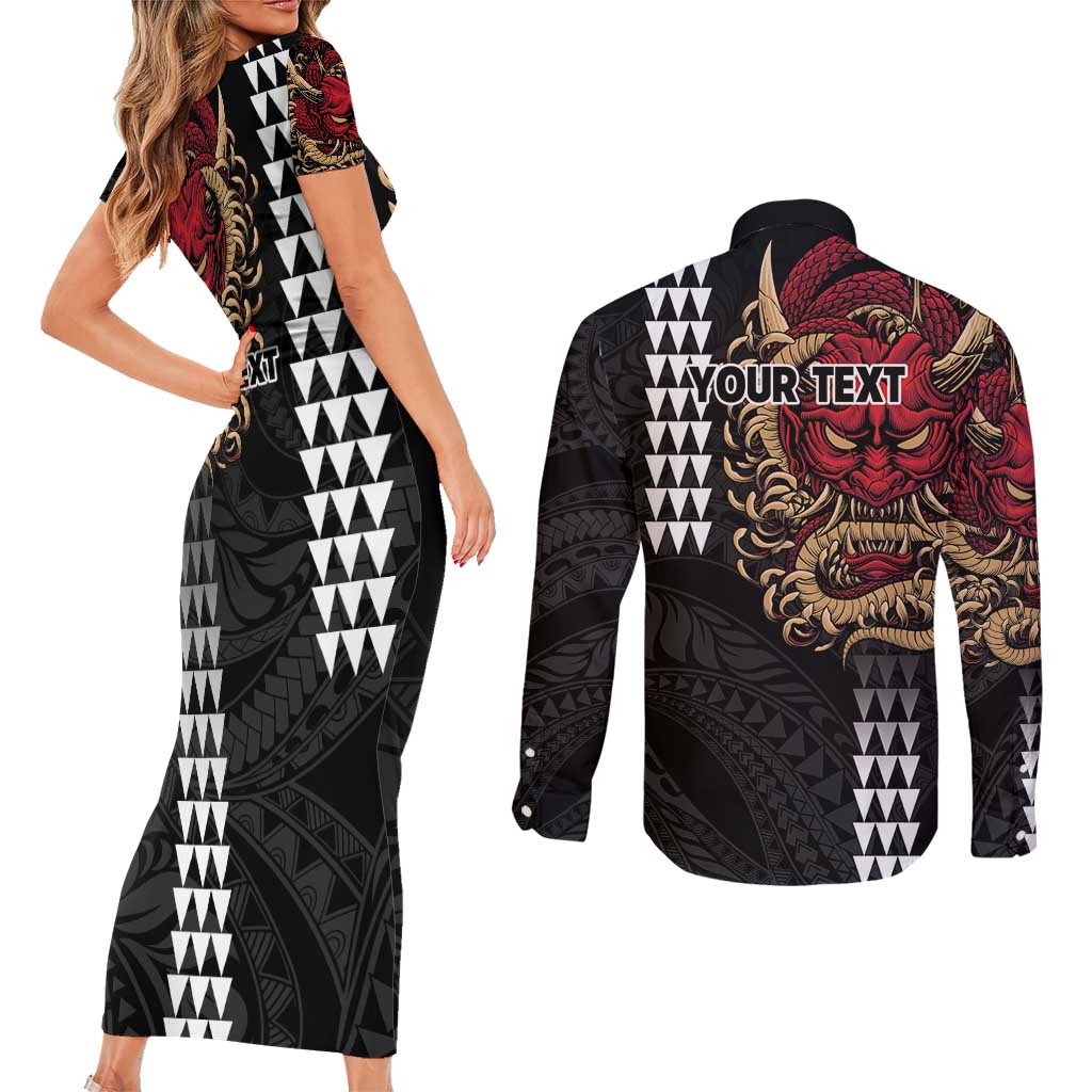 Hawaii and Japanese Oni Mask Personalised Couples Matching Short Sleeve Bodycon Dress and Long Sleeve Button Shirt Kakau Pattern Dark Art Style