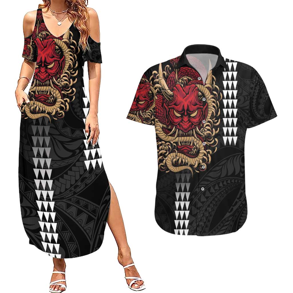 Hawaii and Japanese Oni Mask Personalised Couples Matching Summer Maxi Dress and Hawaiian Shirt Kakau Pattern Dark Art Style