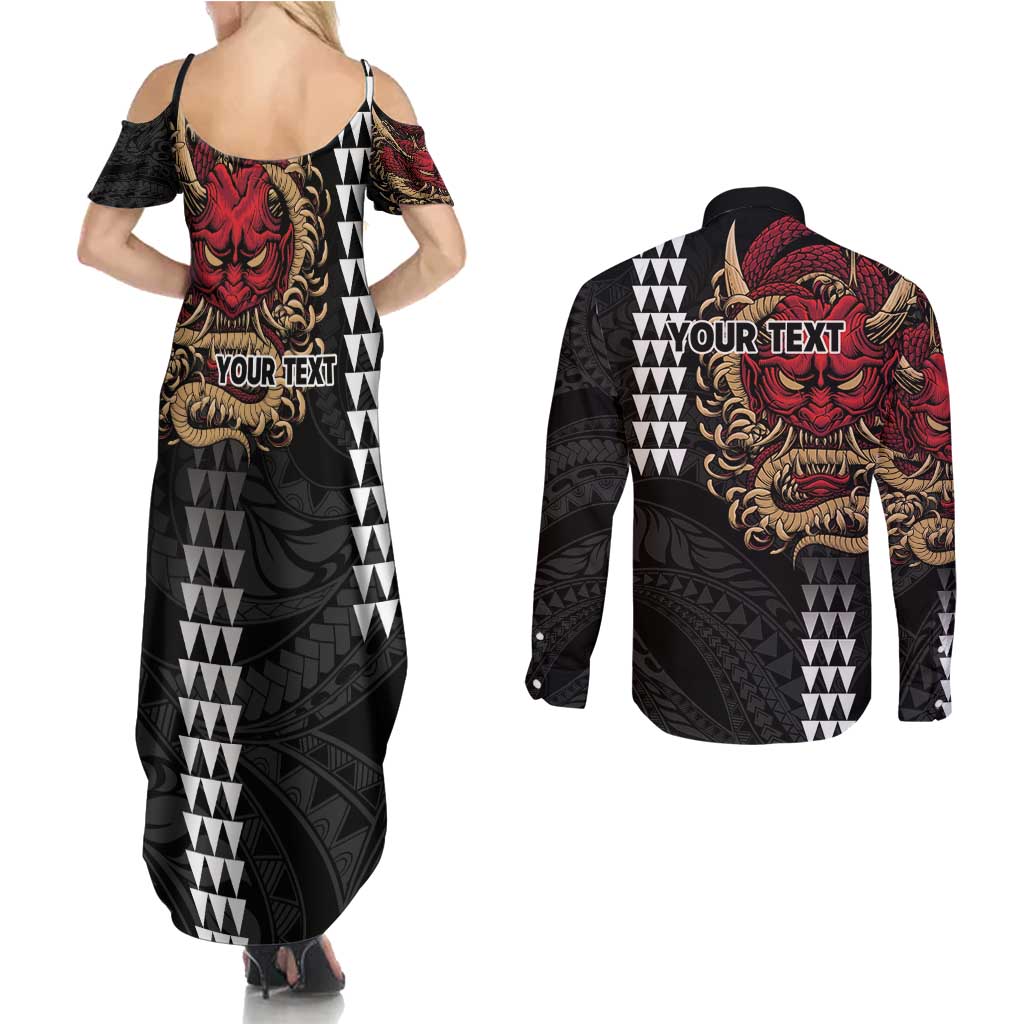 Hawaii and Japanese Oni Mask Personalised Couples Matching Summer Maxi Dress and Long Sleeve Button Shirt Kakau Pattern Dark Art Style