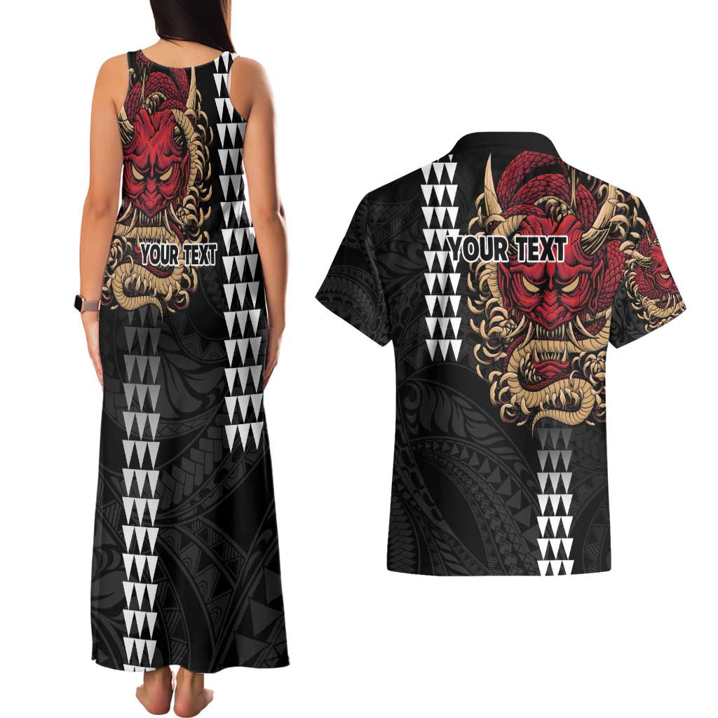 Hawaii and Japanese Oni Mask Personalised Couples Matching Tank Maxi Dress and Hawaiian Shirt Kakau Pattern Dark Art Style