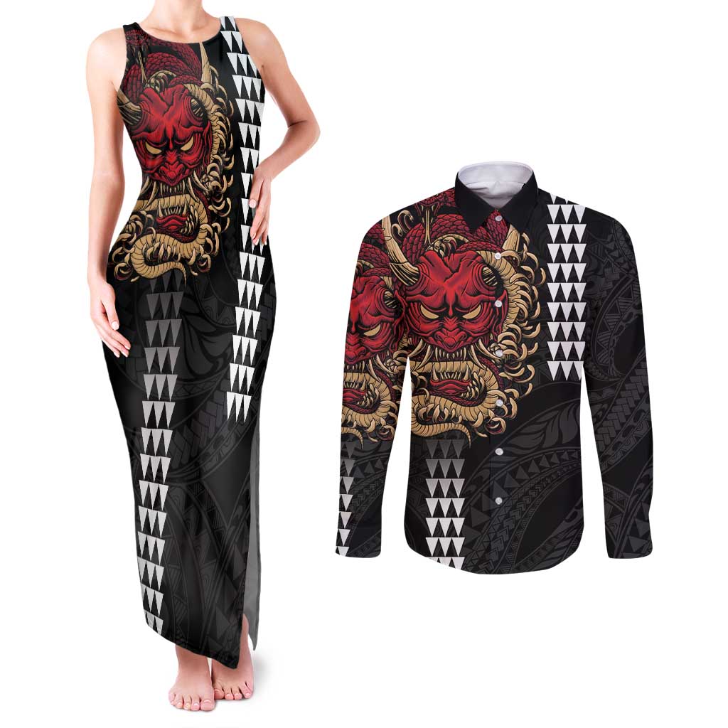 Hawaii and Japanese Oni Mask Personalised Couples Matching Tank Maxi Dress and Long Sleeve Button Shirt Kakau Pattern Dark Art Style