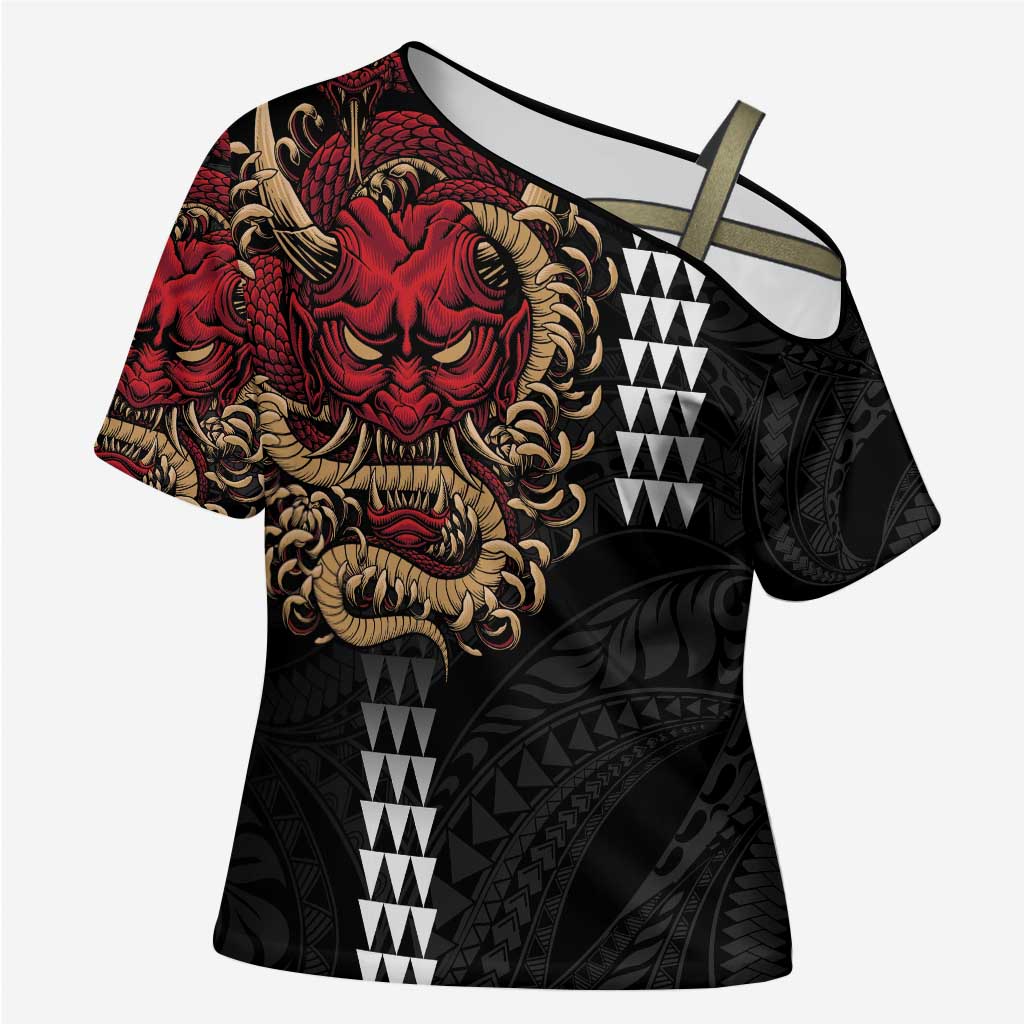 Hawaii and Japanese Oni Mask Personalised Cross Shoulder Shirt Kakau Pattern Dark Art Style LT9 Female Black - Polynesian Pride