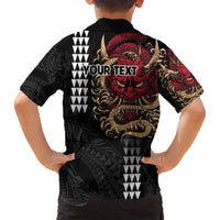 Hawaii and Japanese Oni Mask Personalised Family Matching Long Sleeve Bodycon Dress and Hawaiian Shirt Kakau Pattern Dark Art Style