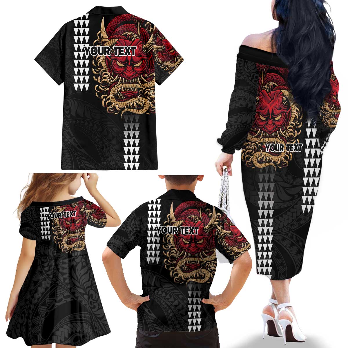 Hawaii and Japanese Oni Mask Personalised Family Matching Off The Shoulder Long Sleeve Dress and Hawaiian Shirt Kakau Pattern Dark Art Style