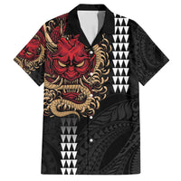 Hawaii and Japanese Oni Mask Personalised Family Matching Off Shoulder Maxi Dress and Hawaiian Shirt Kakau Pattern Dark Art Style