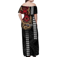 Hawaii and Japanese Oni Mask Personalised Family Matching Off Shoulder Maxi Dress and Hawaiian Shirt Kakau Pattern Dark Art Style