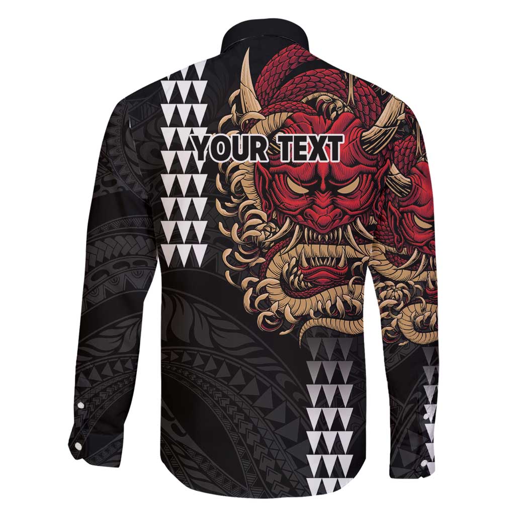 Hawaii and Japanese Oni Mask Personalised Family Matching Off Shoulder Short Dress and Hawaiian Shirt Kakau Pattern Dark Art Style