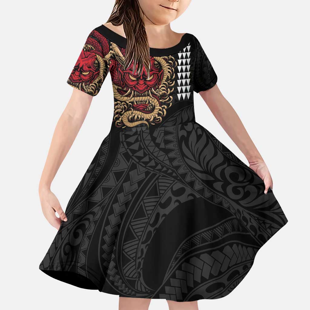 Hawaii and Japanese Oni Mask Personalised Family Matching Puletasi and Hawaiian Shirt Kakau Pattern Dark Art Style LT9 Daughter's Dress Black - Polynesian Pride