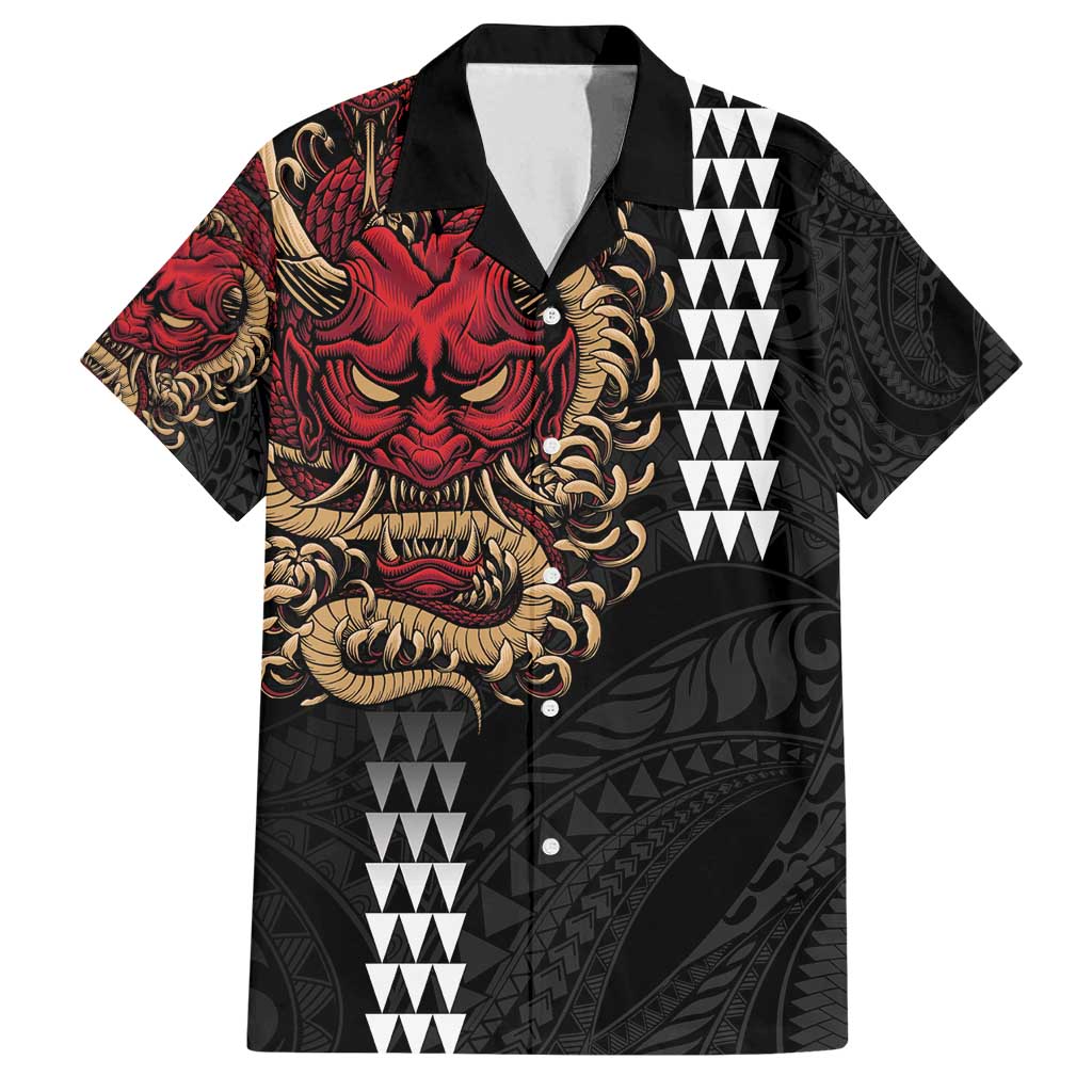 Hawaii and Japanese Oni Mask Personalised Family Matching Puletasi and Hawaiian Shirt Kakau Pattern Dark Art Style LT9 Dad's Shirt - Short Sleeve Black - Polynesian Pride