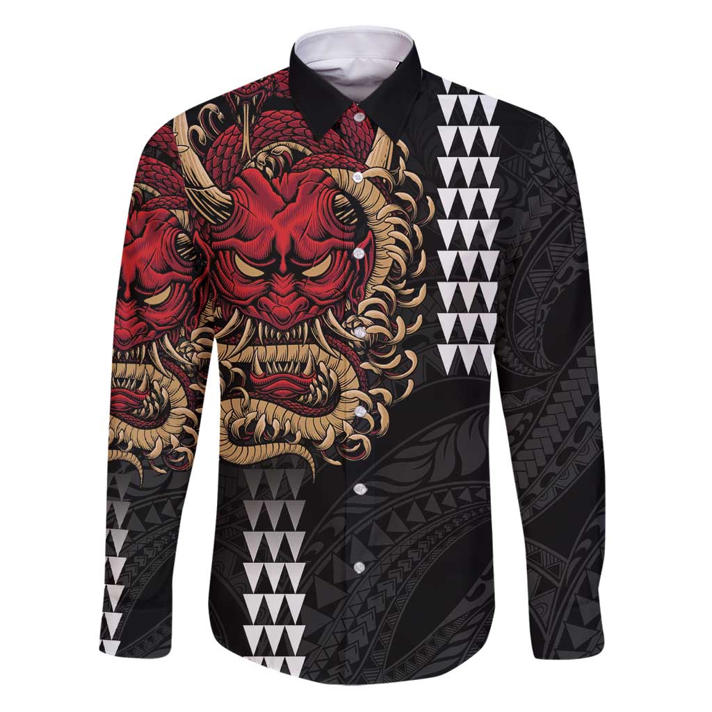 Hawaii and Japanese Oni Mask Personalised Family Matching Puletasi and Hawaiian Shirt Kakau Pattern Dark Art Style LT9 Dad's Shirt - Long Sleeve Black - Polynesian Pride