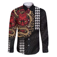 Hawaii and Japanese Oni Mask Personalised Family Matching Puletasi and Hawaiian Shirt Kakau Pattern Dark Art Style LT9 Dad's Shirt - Long Sleeve Black - Polynesian Pride