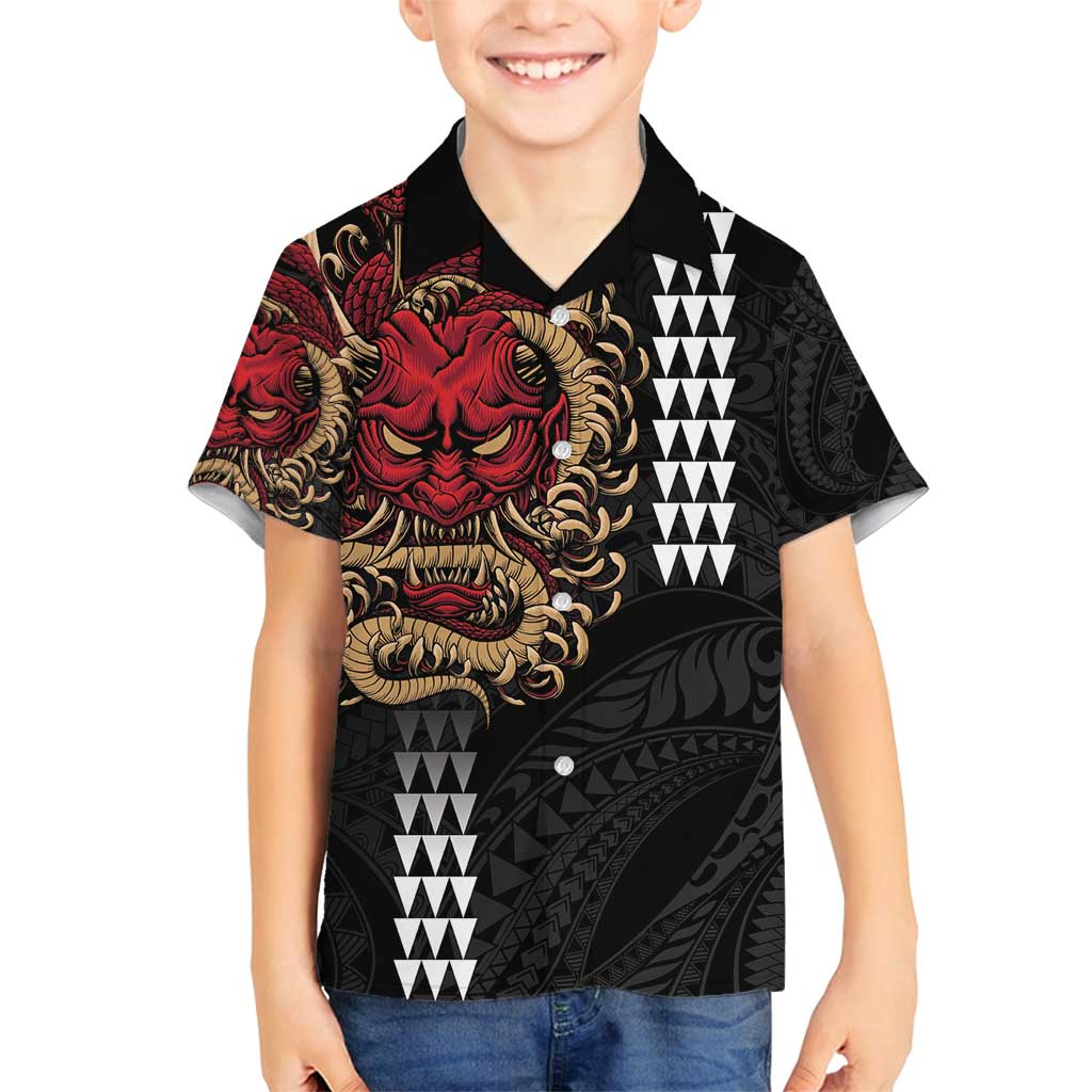 Hawaii and Japanese Oni Mask Personalised Family Matching Puletasi and Hawaiian Shirt Kakau Pattern Dark Art Style LT9 Son's Shirt Black - Polynesian Pride