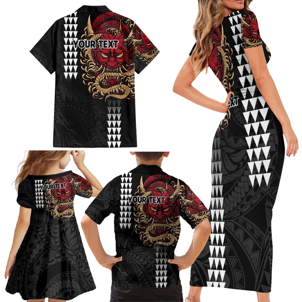 Hawaii and Japanese Oni Mask Personalised Family Matching Short Sleeve Bodycon Dress and Hawaiian Shirt Kakau Pattern Dark Art Style