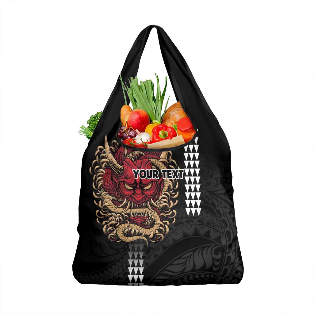 Hawaii and Japanese Oni Mask Personalised Grocery Bag Kakau Pattern Dark Art Style