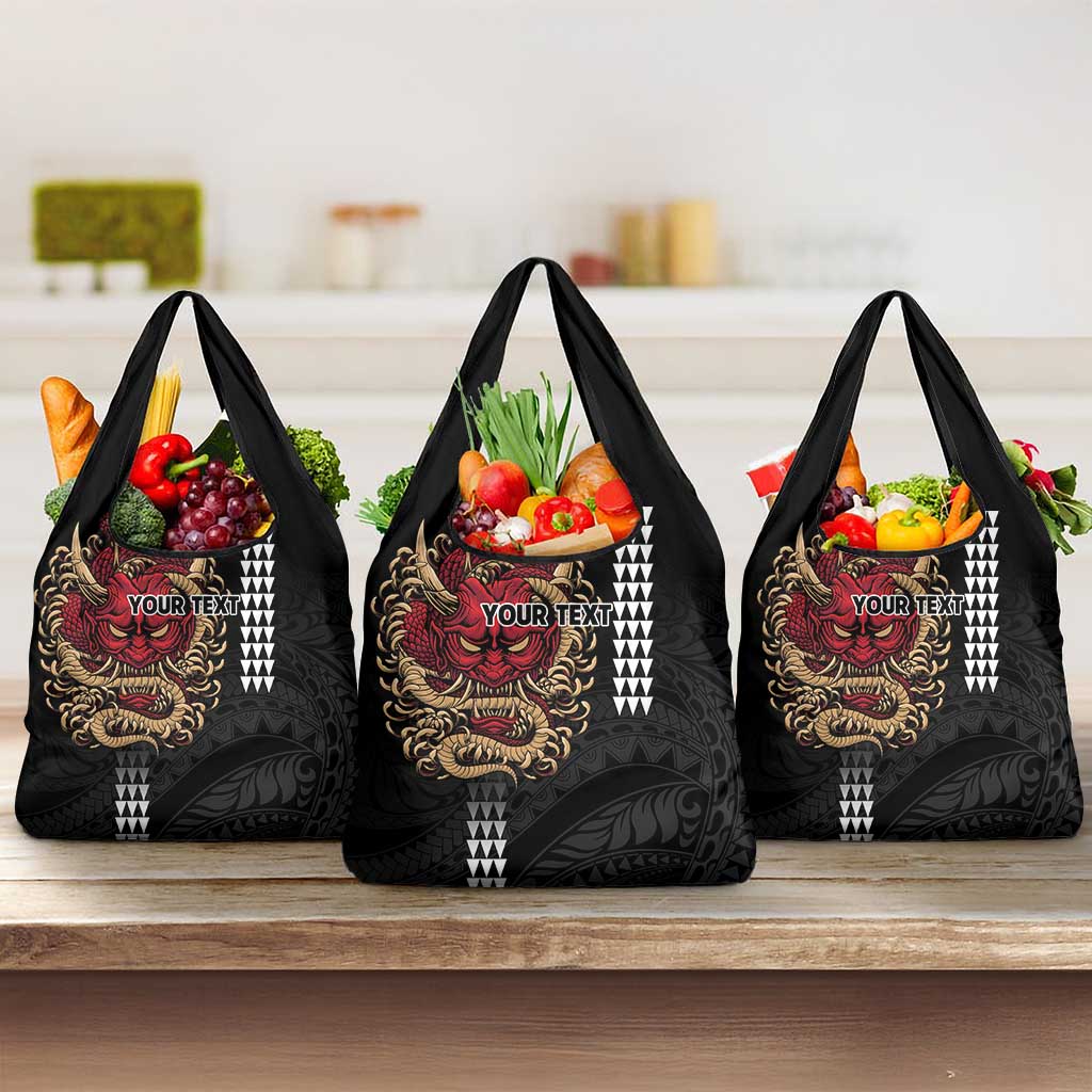 Hawaii and Japanese Oni Mask Personalised Grocery Bag Kakau Pattern Dark Art Style