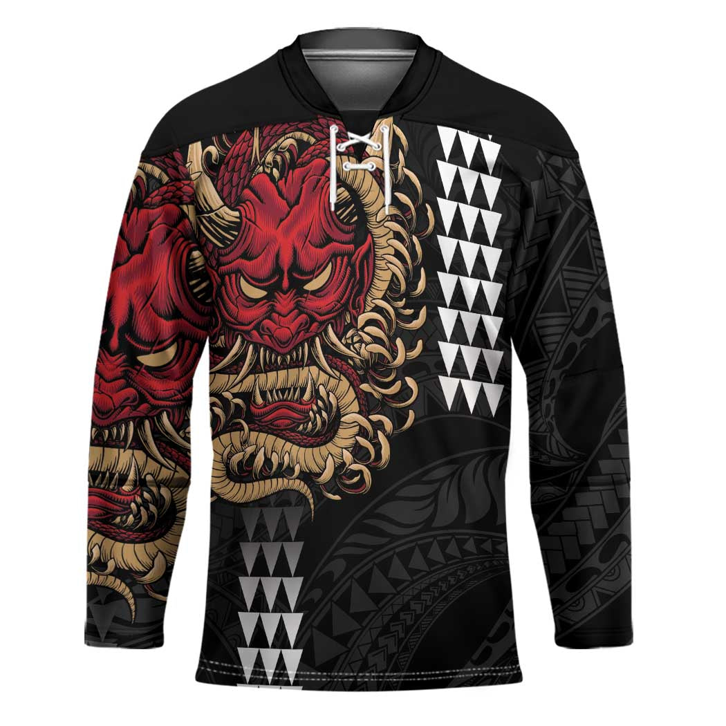 Hawaii and Japanese Oni Mask Personalised Hockey Jersey Kakau Pattern Dark Art Style LT9 Unisex Black - Polynesian Pride