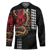 Hawaii and Japanese Oni Mask Personalised Hockey Jersey Kakau Pattern Dark Art Style LT9 Unisex Black - Polynesian Pride