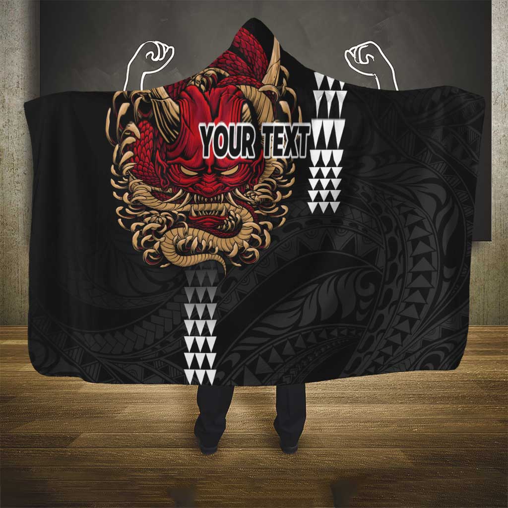 Hawaii and Japanese Oni Mask Personalised Hooded Blanket Kakau Pattern Dark Art Style