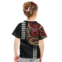 Hawaii and Japanese Oni Mask Personalised Kid T Shirt Kakau Pattern Dark Art Style